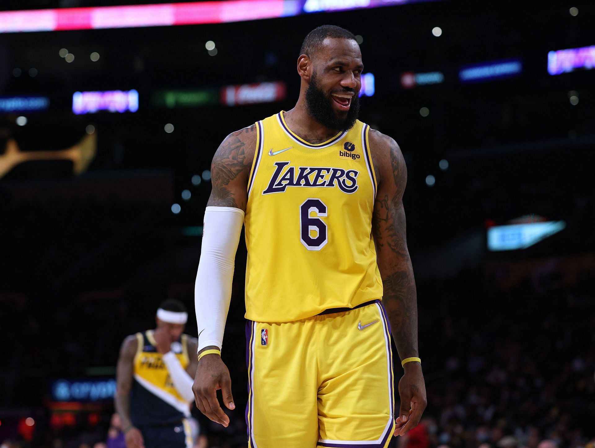 LeBron James #6 of the LA Lakers smiles during a 111-104 Indiana Pacers win at Crypto.com Arena on January 19, 2022 in Los Angeles, California.