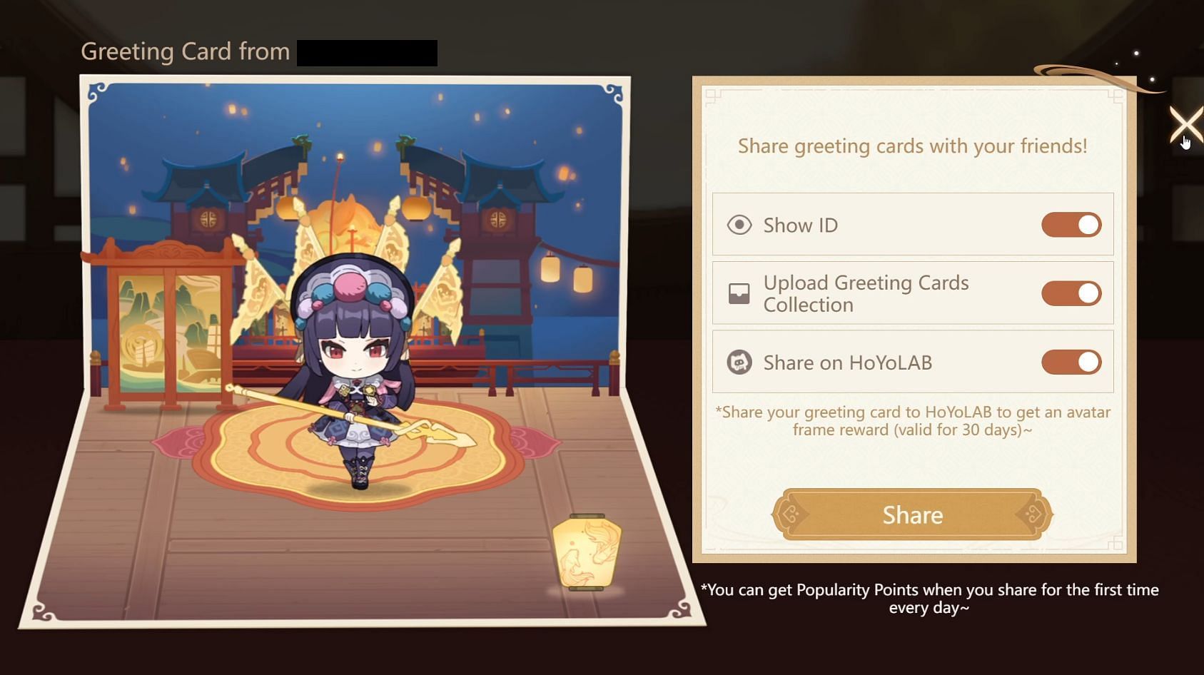 Save and share the greeting card (Image via Genshin Impact)