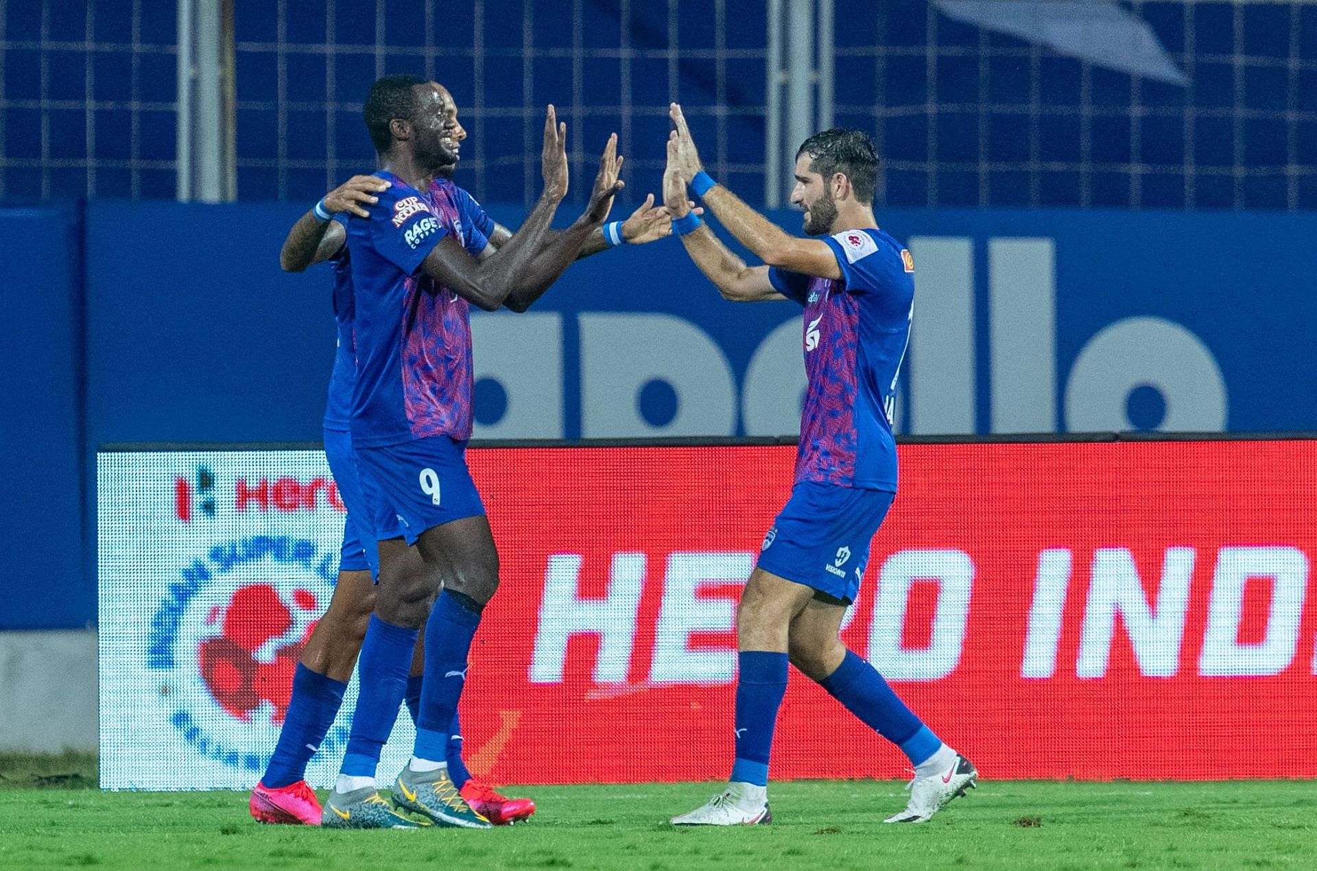 Bengaluru FC&#039;s Prince Ibarra and Danish Farooq celebrate against Mumbai City FC. [Credits: ISL]