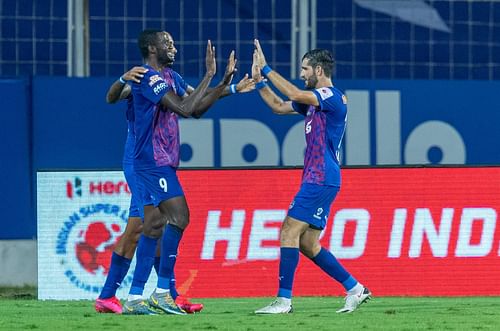 Bengaluru FC's Prince Ibarra and Danish Farooq celebrate against Mumbai City FC. [Credits: ISL]