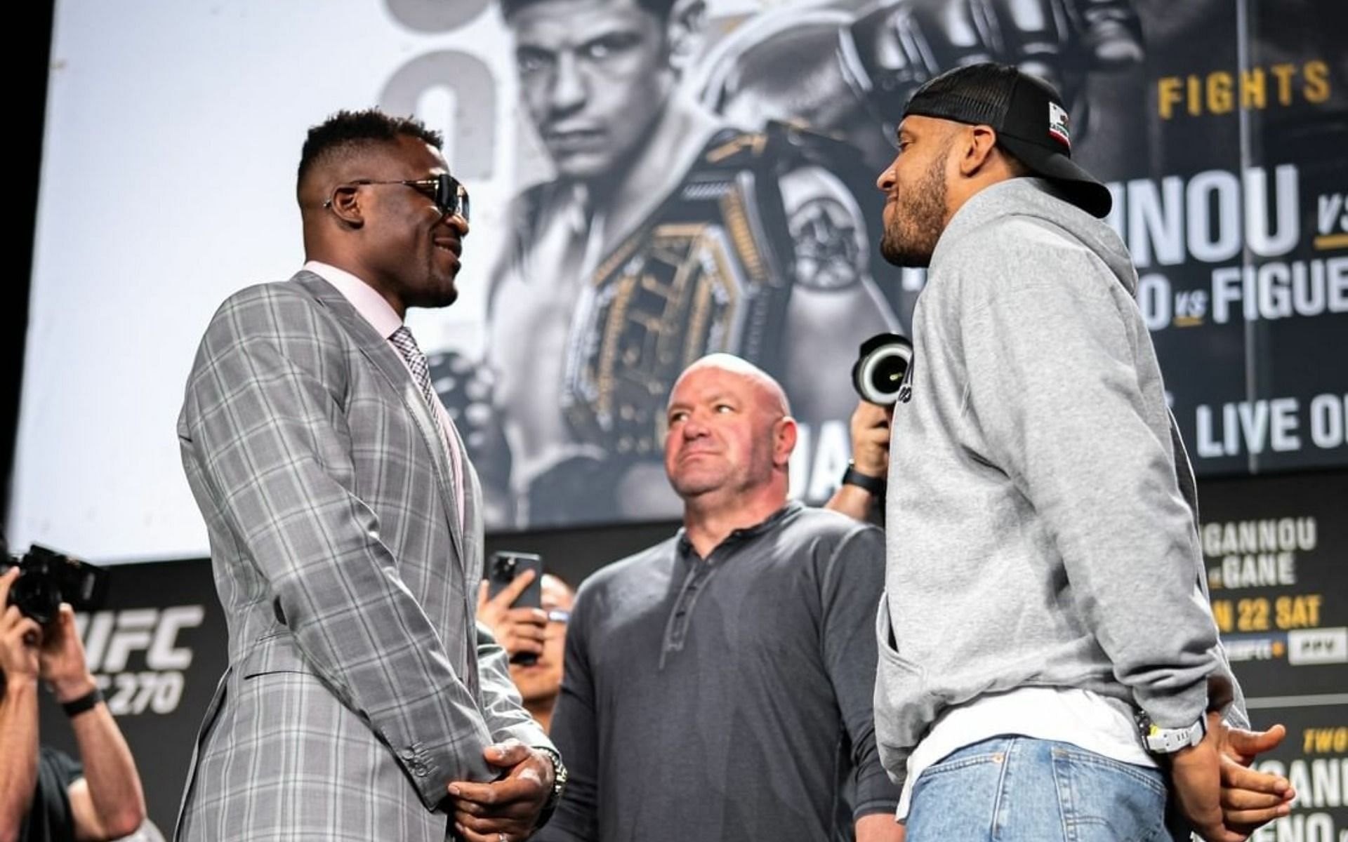 Heavyweights Francis Ngannou (left) and Ciryl Gane (right) face off following the official UFC 270 press conference on Thursday (Image Credit: via @ufc on Instagram)