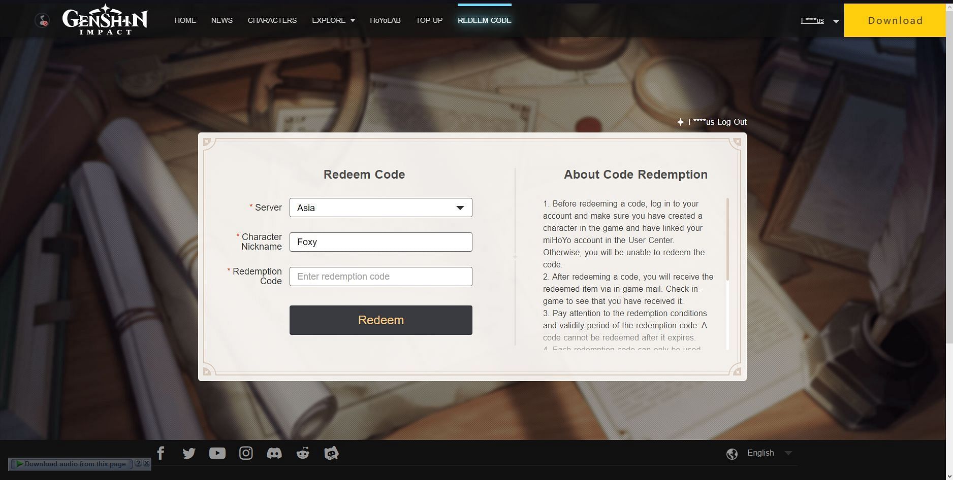 Code redemption site (Image via MiHoYo)