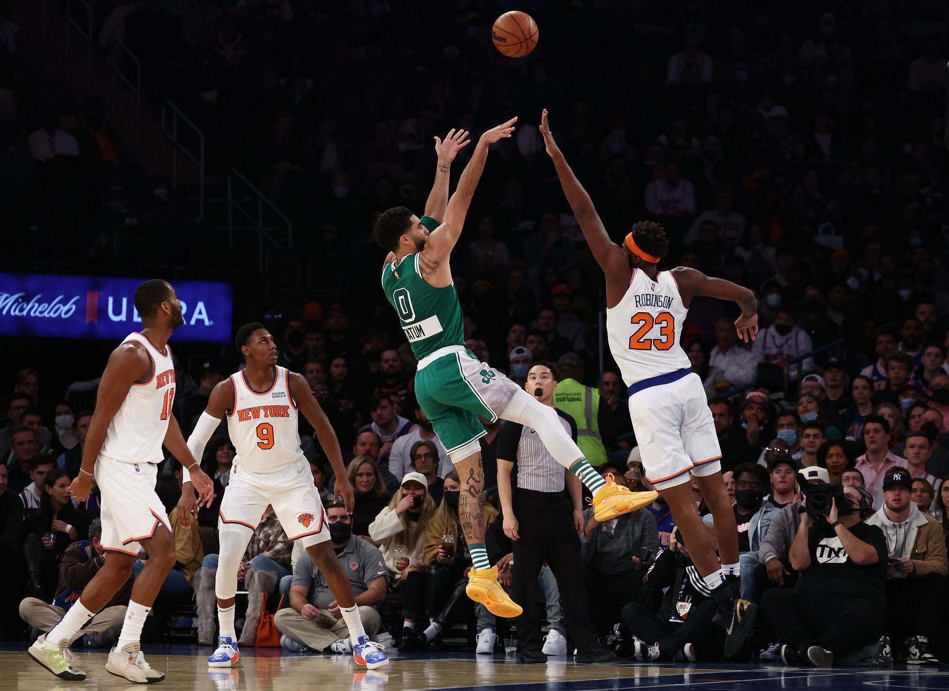 Jayson Tatum attempts a tough fadeaway