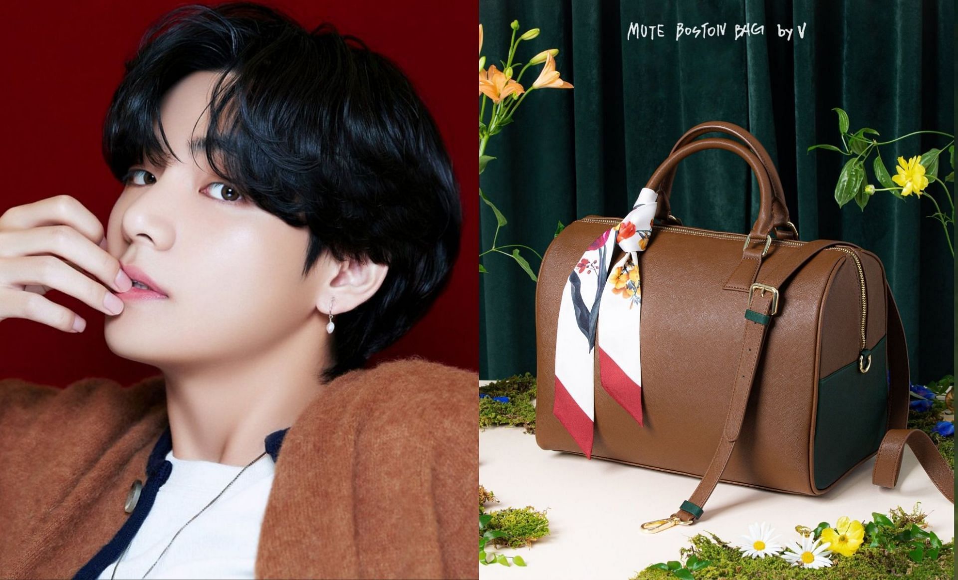BTS&#039; V &#039;BE&#039; concept photo and Artist-Made collection&#039;s Mute Boston Bag (Image via @BIGHIT_MUSIC &amp; @weverseshop/Twitter)
