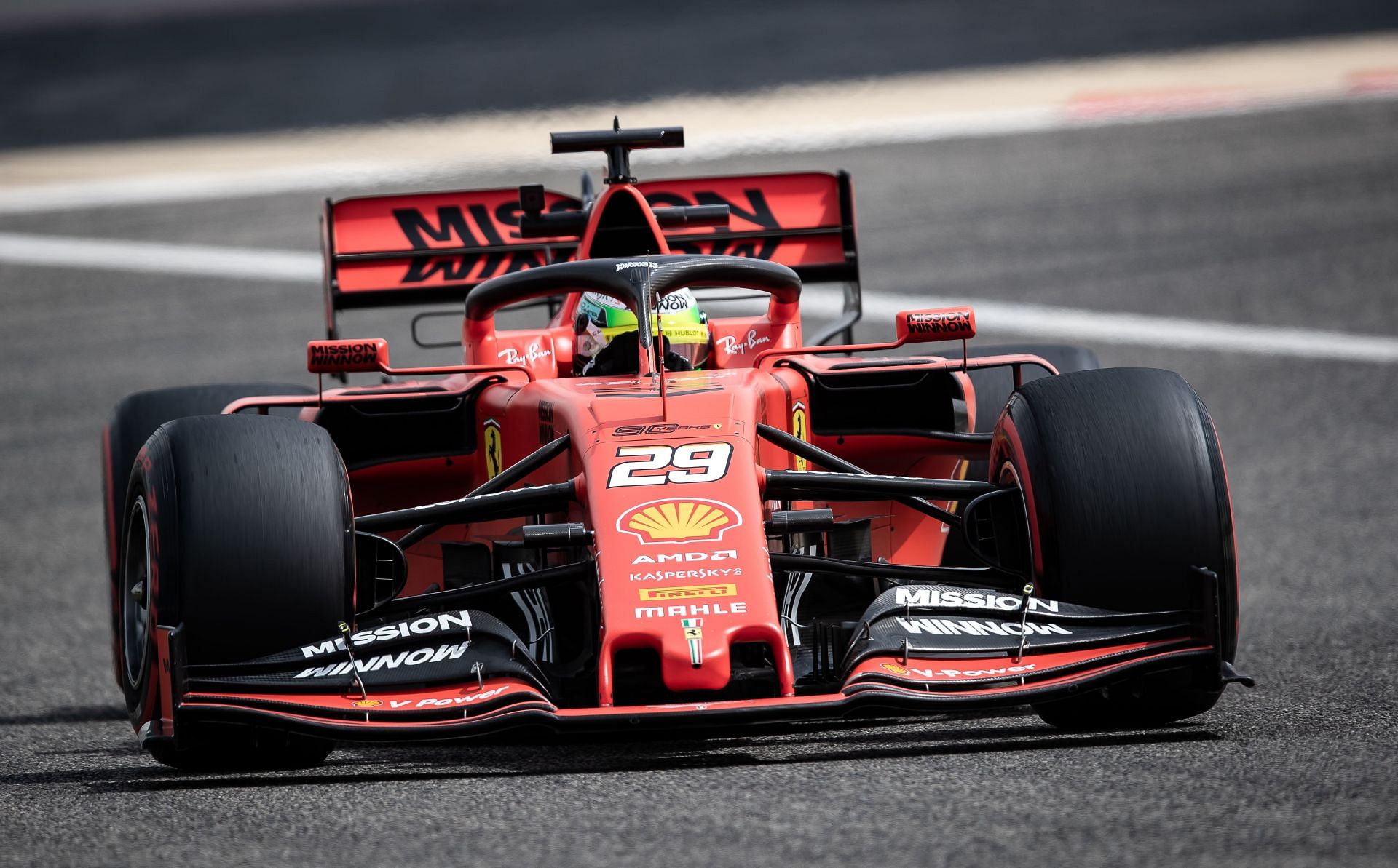 Mick Schumacher (Car #29) testing the Scuderia Ferrari SF90 at the Bahrain International Circuit in 2019