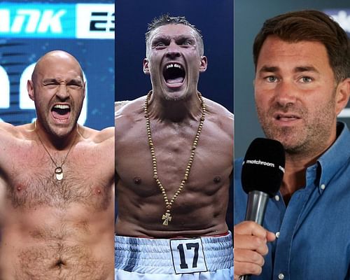 Tyson Fury (left), Oleksandr Usyk (center), and Eddie Hearn (right)