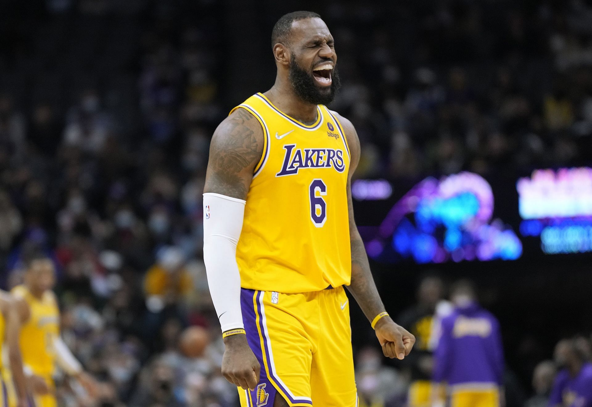 LeBron James #6 of the Los Angeles Lakers reacts after missing a three-point shot against the Sacramento Kings during the second quarter at Golden 1 Center on January 12, 2022 in Sacramento, California.