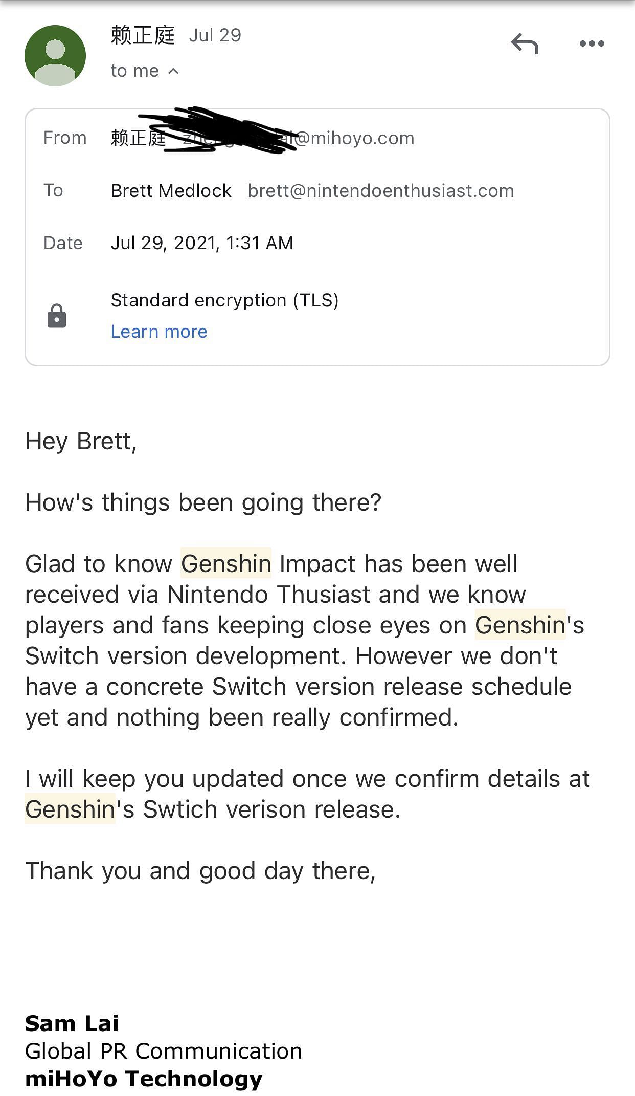 The email the video refers to (Image via Nintendo Enthusiast)