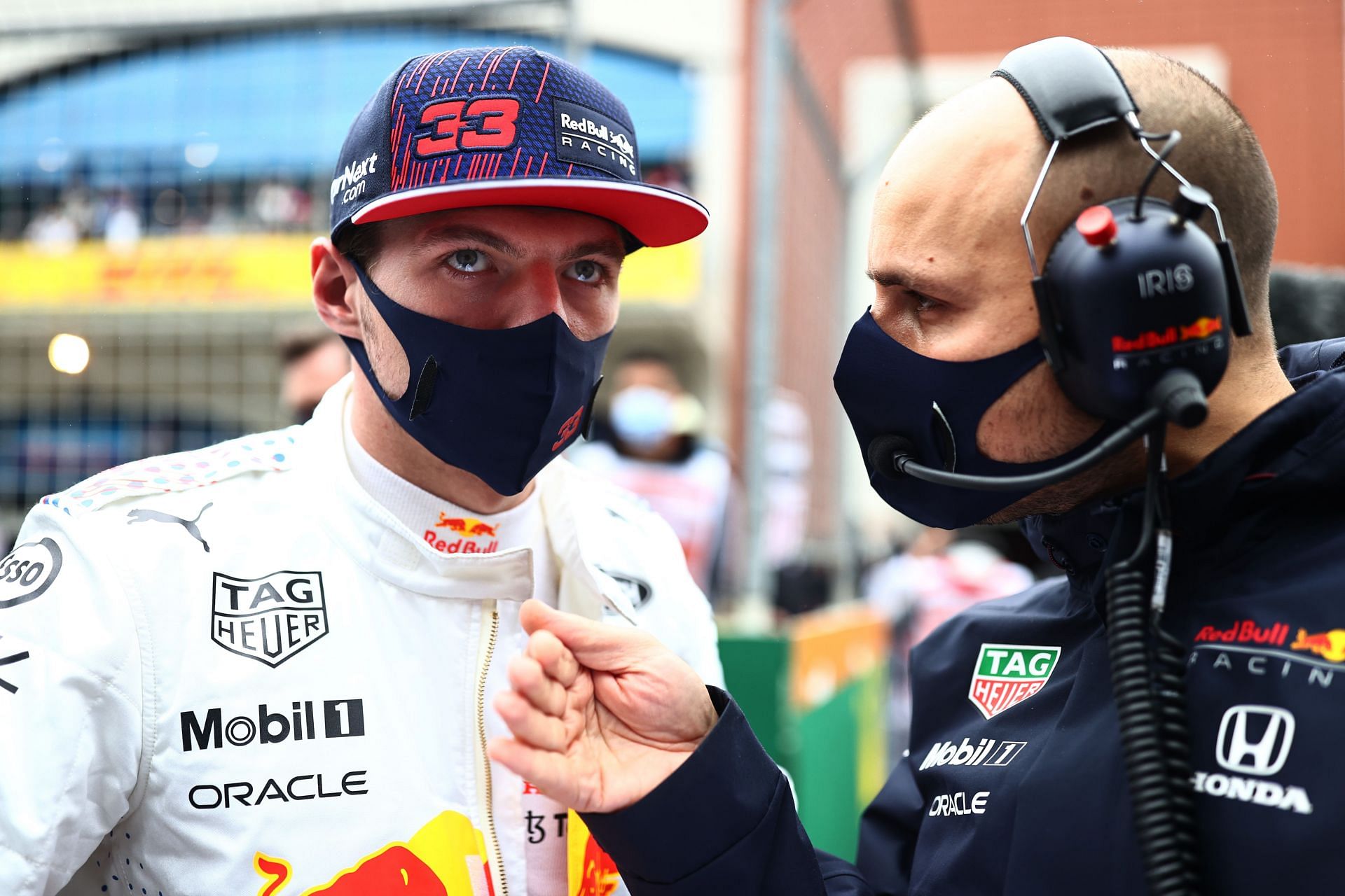 F1 Grand Prix of Turkey - Max Verstappen discusses race strategy with Gianpiero Lambiase (right)