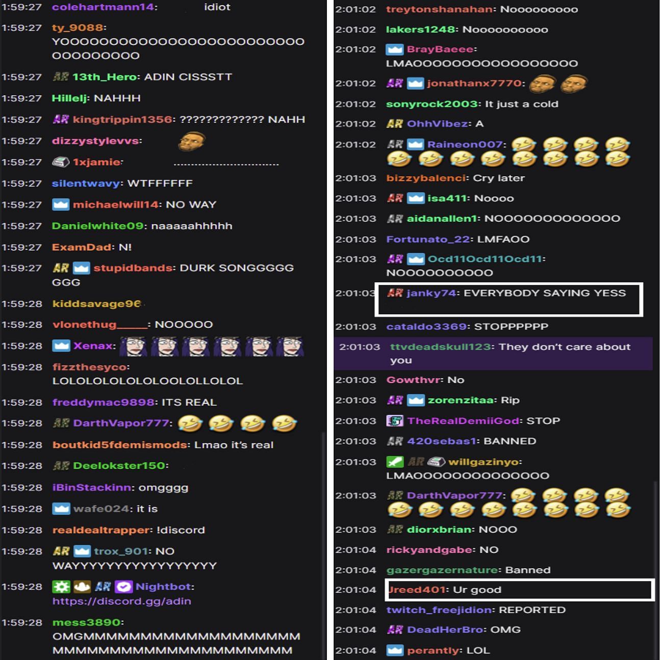 Adin Ross&#039; chat as he watches the controversial clip (Screenshot via Adin Ross/Twitch)