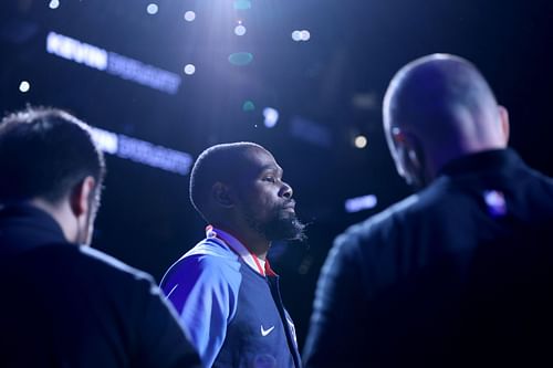 Kevin Durant #7 of the Brooklyn Nets is introduced before the game against the Los Angeles Clippers at Barclays Center on January 01, 2022 in New York City.