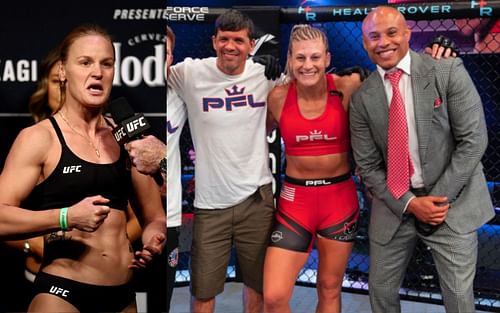 Valentina Shevchenko at the UFC 247 weigh-in (left) and Kayla Harrison with Ali Abdelaziz in PFL (right; Image Credit: @judokayla on Instagram)