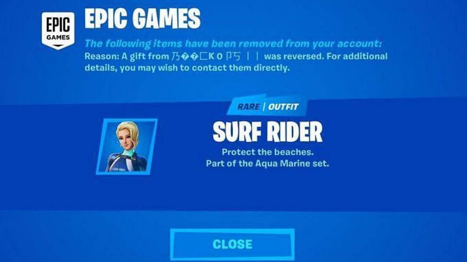 Fortnite removes the cosmetic purchased using illegal methods from player's locker (Image via Twitter)