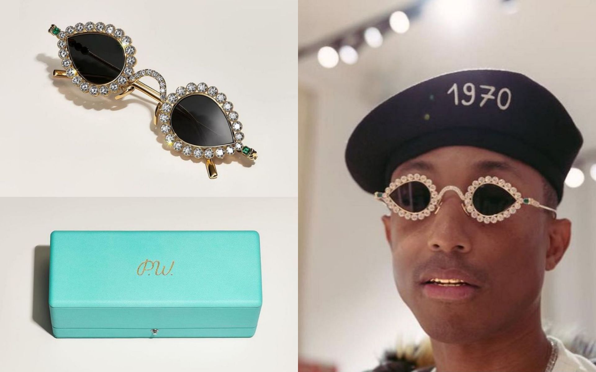 Pharrell Williams custom Tiffany & Co. sunglasses made of 18k gold,  embellished with 61 round brilliant diamonds of over 25 total carats…
