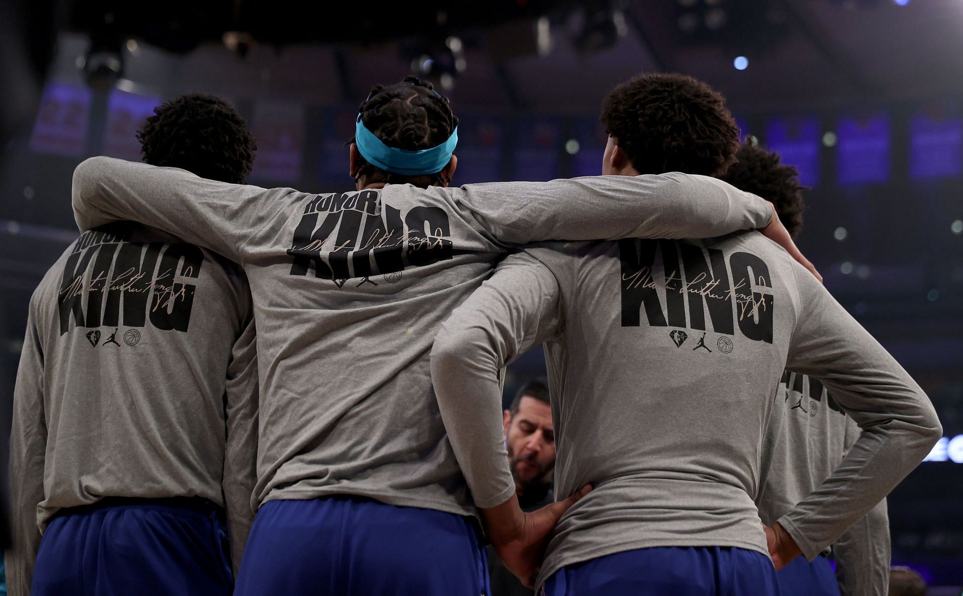 The Charlotte Hornets huddle at the MLK Day matchup against the New York Knicks