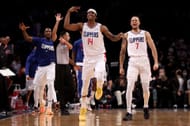 Terance Mann (#14) of the LA Clippers celebrates after making a three-pointer