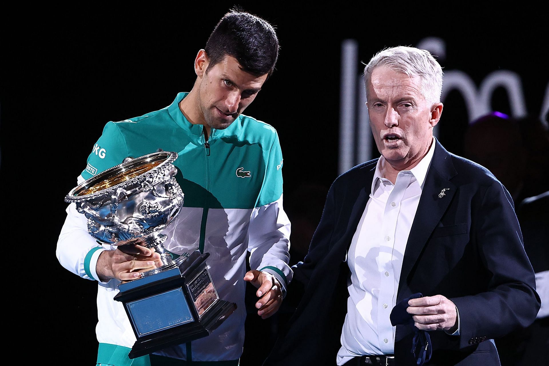 Novak Djokovic and Craig Tiley (R) at the 2021 Australian Open