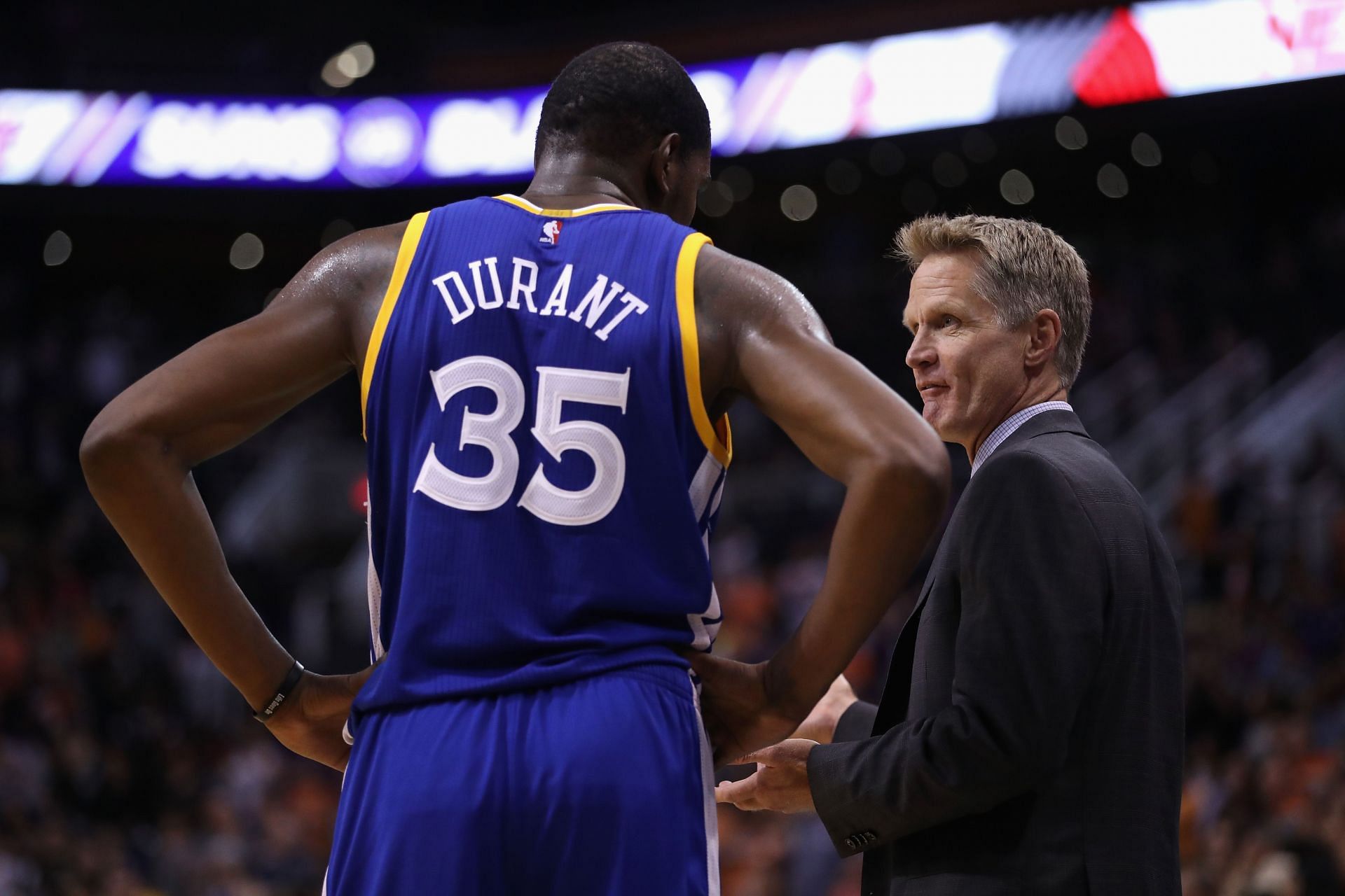 Kevin Durant and Steve Kerr of the Golden State Warriors back in a game in 2016.