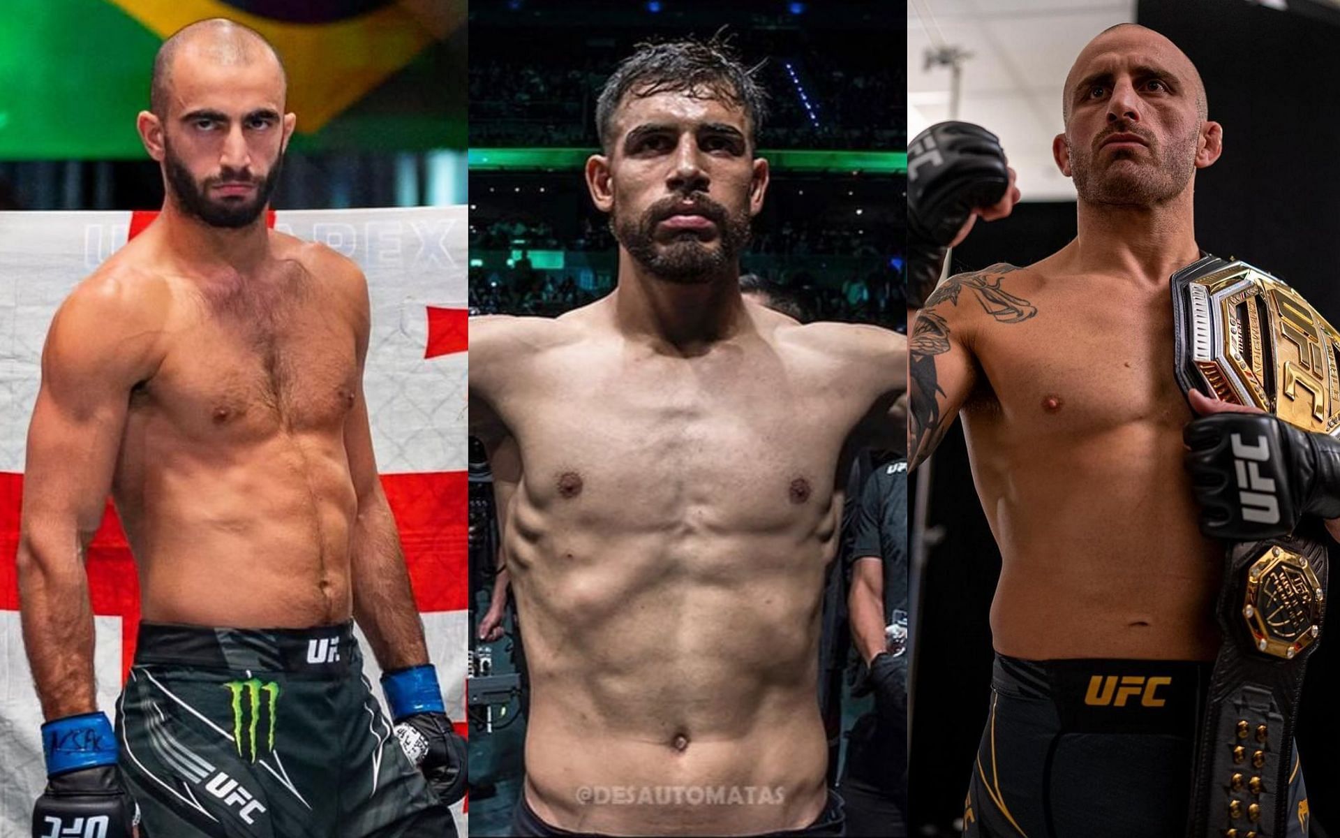 Giga Chikadze (left), Yair Rodriguez (middle), Alexander Volkanovski (right) [Images Courtesy: @knockoutcancer, @panteraufc and @alexvolkanovski via Instagram]