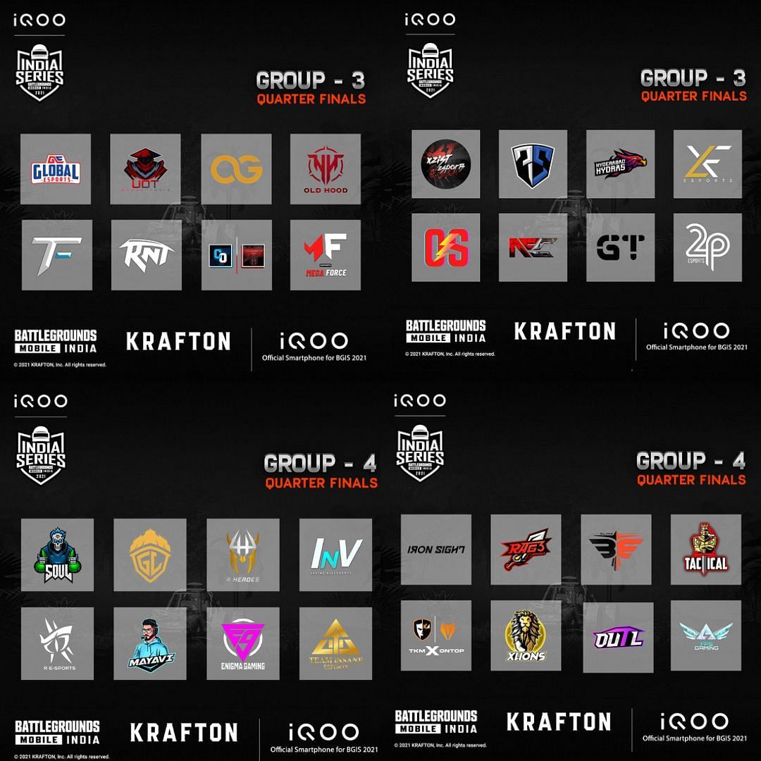 Group 3 and Group 4 teams of BGIS Quarterfinals (Image via BGMI)