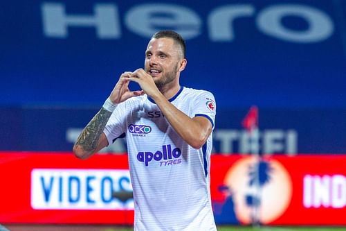 Chennaiyin FC’s Lukasz Gikiewicz celebrates his goal against Jamshedpur FC. (Image Courtesy: ISL Media)