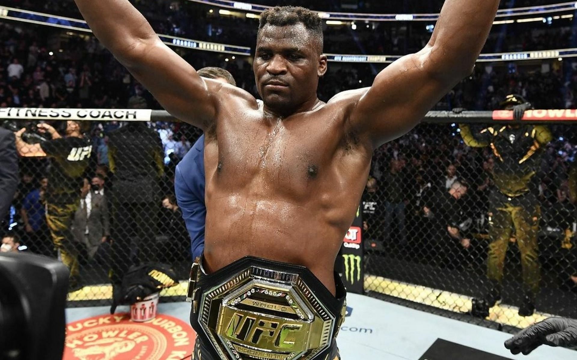 Framcis Ngannou celebrates after retaining his belt with a victory over Ciryl Gane at UFC 270 (Image Credit: via @UFC on Instagram)