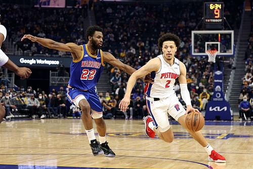 Detroit Pistons vs. Golden State Warriors: Andrew Wiggins guards Cade Cunningham