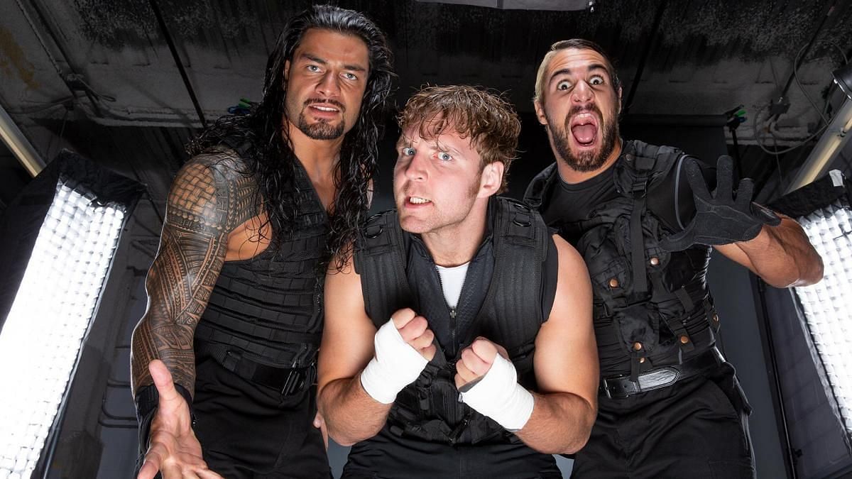 Roman Reigns (left), Dean Ambrose (middle), and Seth Rollins (right)