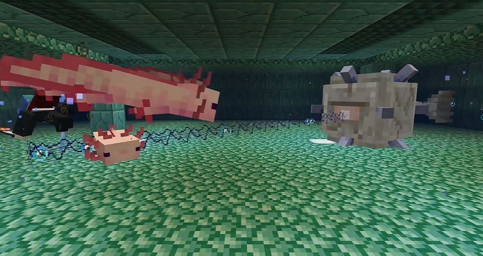 Axolotl Army fighting Elder Guardian (Image via Minecraft)