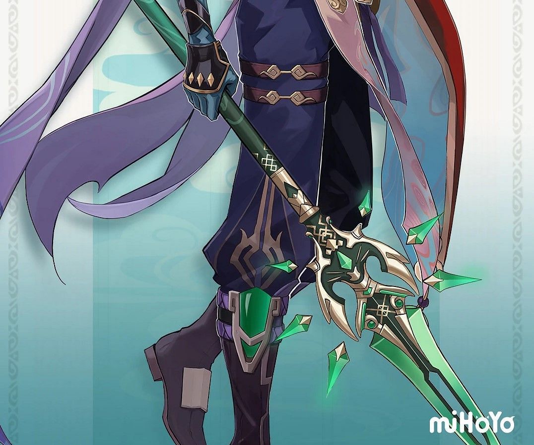 Primordial Jade Winged-Spear is even seen in his official artwork (Image via miHoYo)