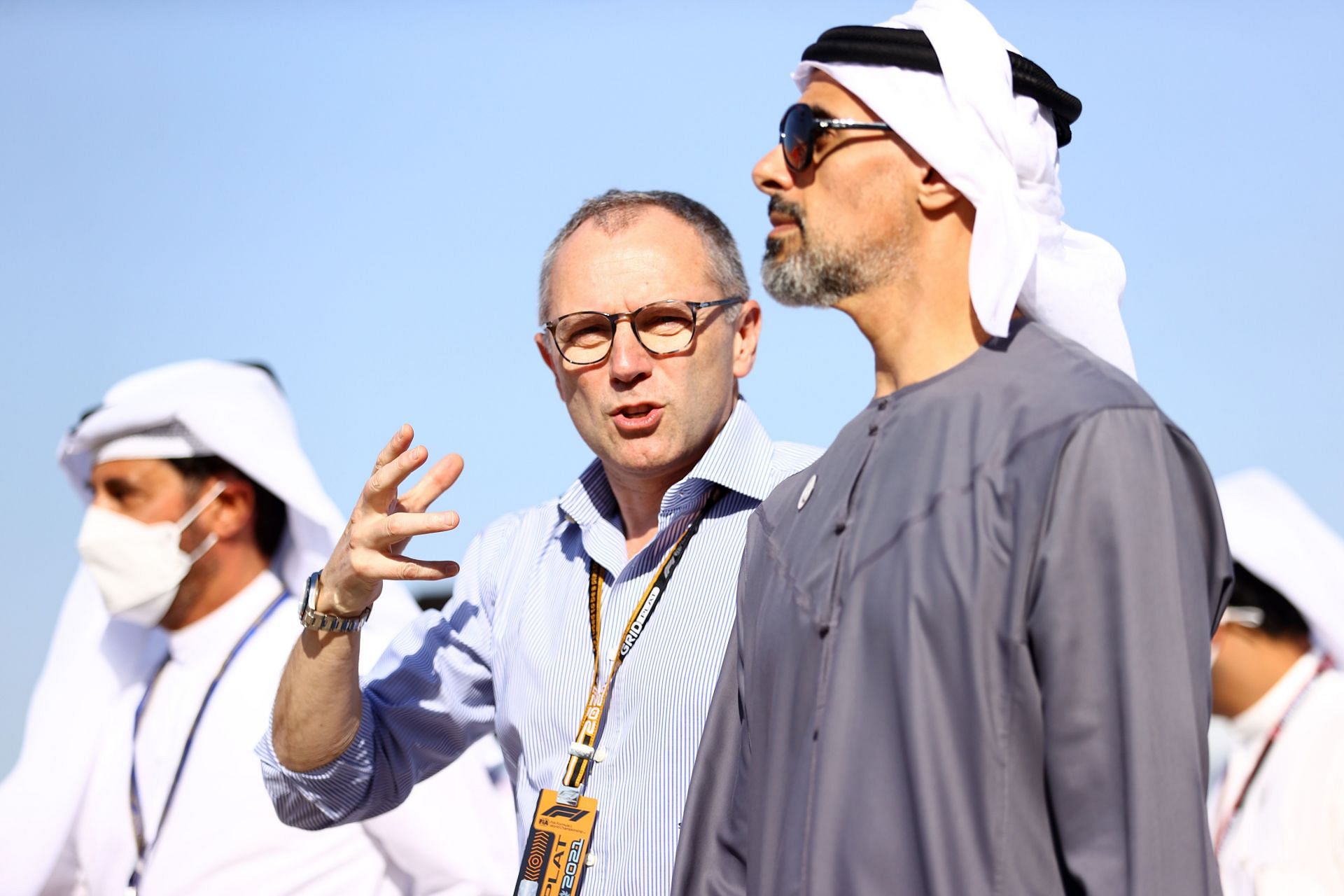 Stefano Domenicali, CEO of the Formula One Group, talks with Abu Dhabi GP promoters during previews ahead of the F1 race (Photo by Bryn Lennon/Getty Images)