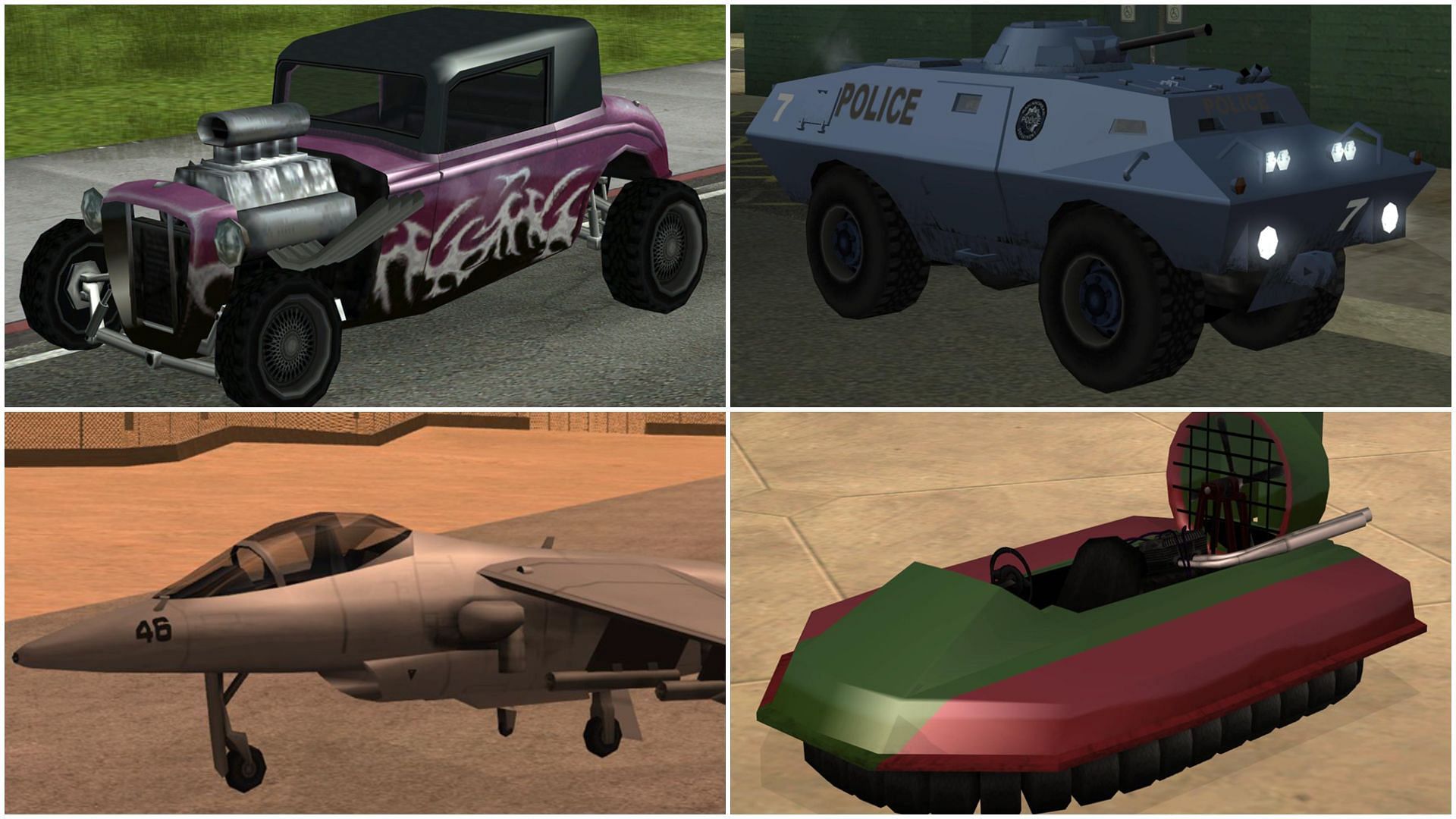 Some of the diverse range of vehicles in GTA San Andreas (Images via Rockstar Games)