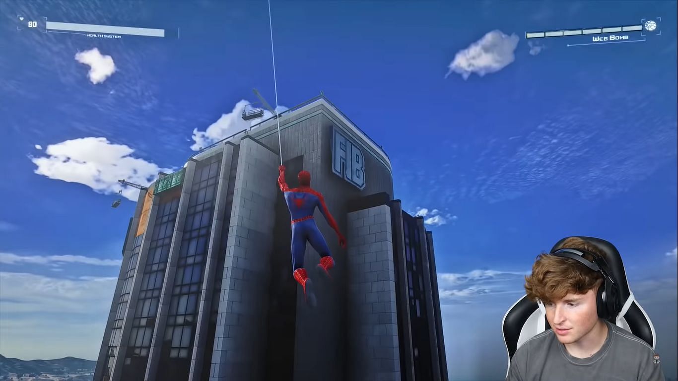 Swinging to the FIB headquarters rooftop in GTA 5 using mods (Image via YouTube @Caylus)