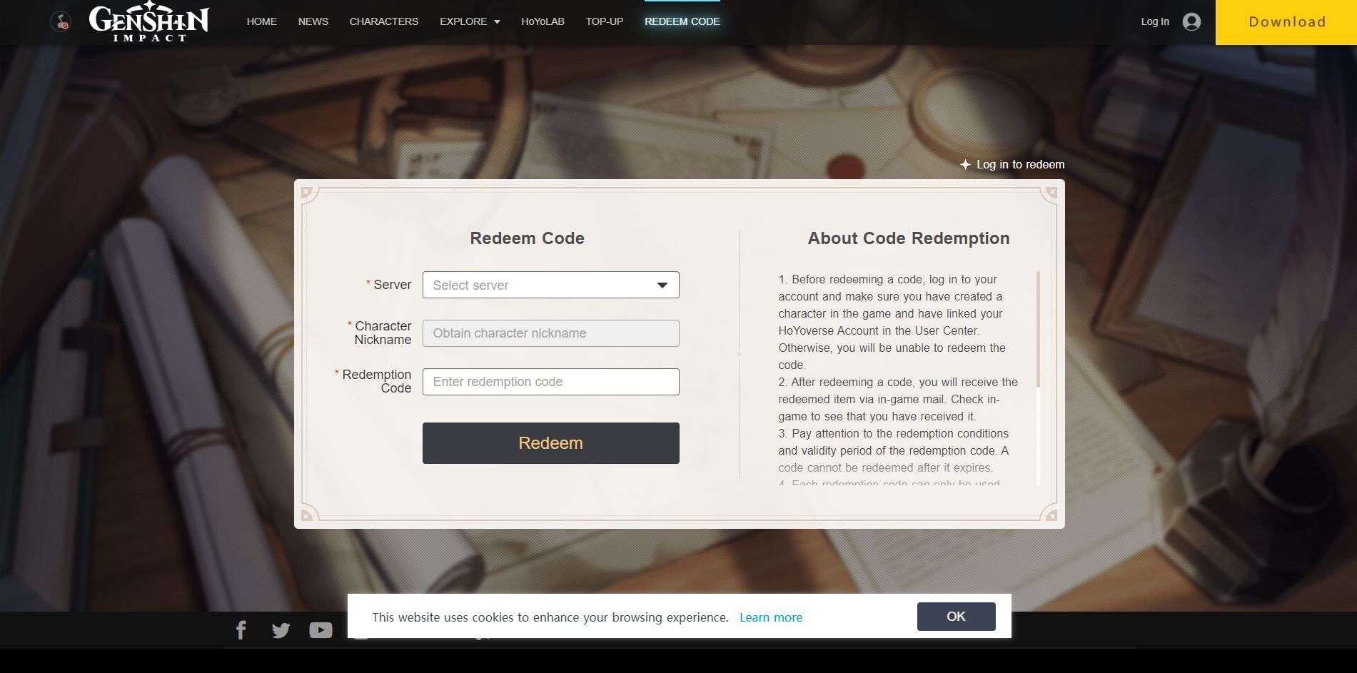 Redeem code from the official website (Image via HoYoverse)