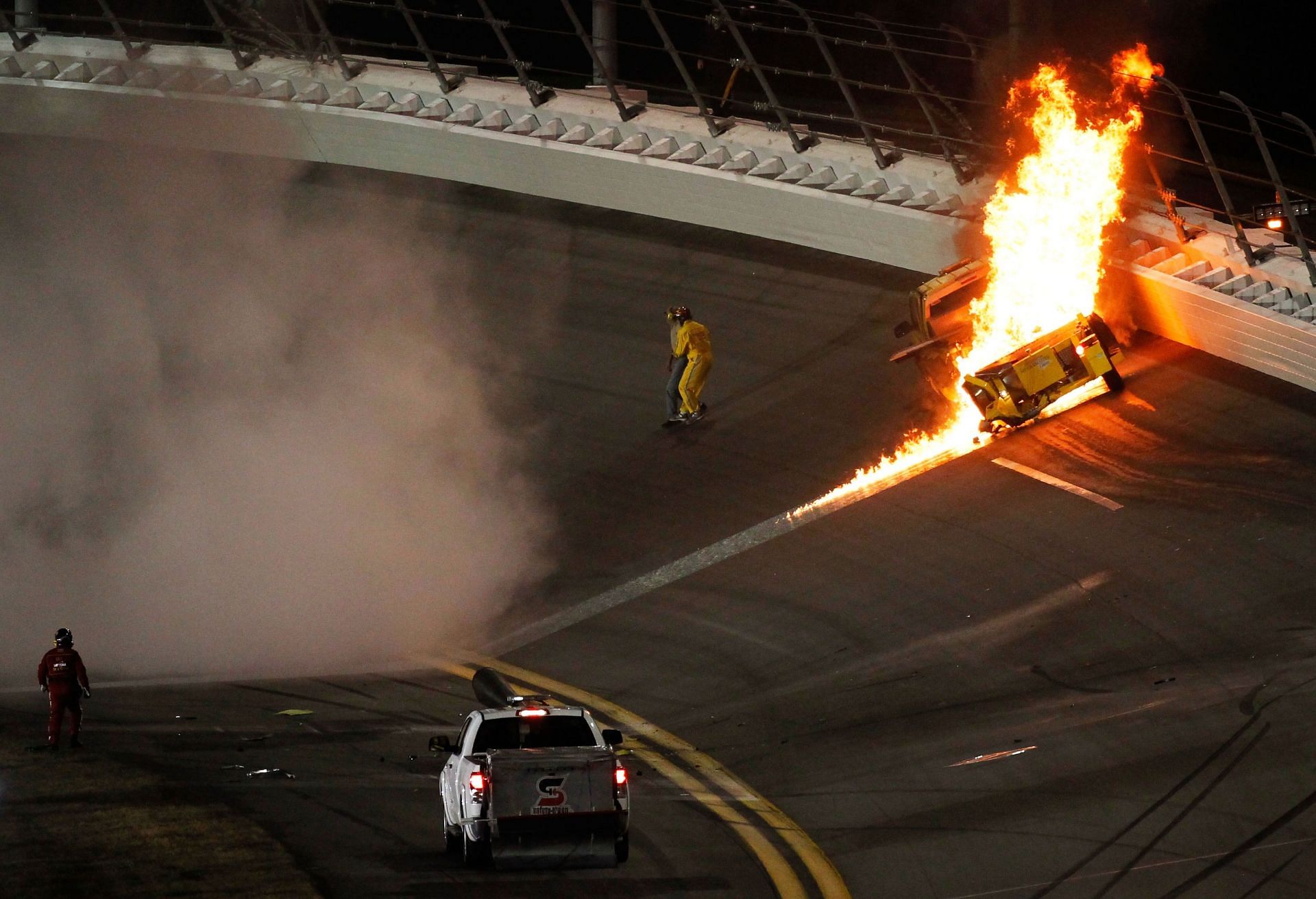 The jet dryer bursts into flames after Montoya crashes into it under caution at the 2012 Daytona 500 (Photo by Jonathan Ferrey/Getty Images for NASCAR)
