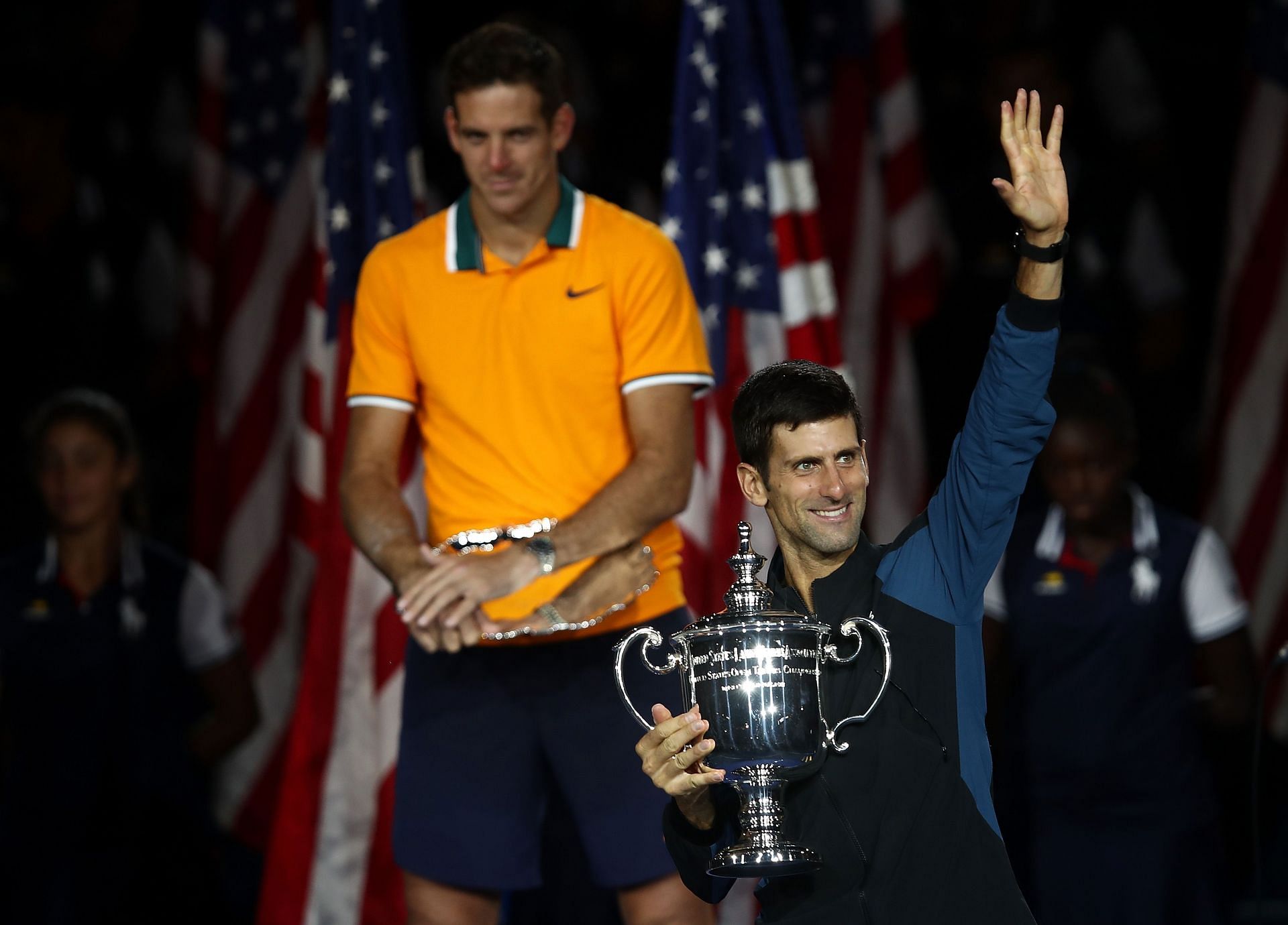 Del Potro looks on as Djokovic celebrates his 2018 US Open triumph