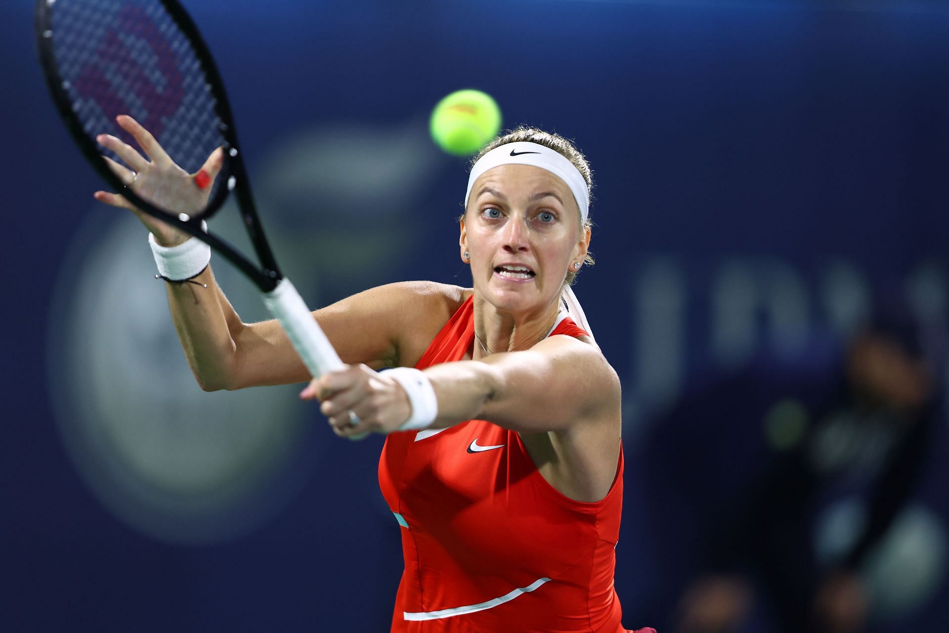 Petra Kvitova slices the ball during her quarterfinal match in Dubai.