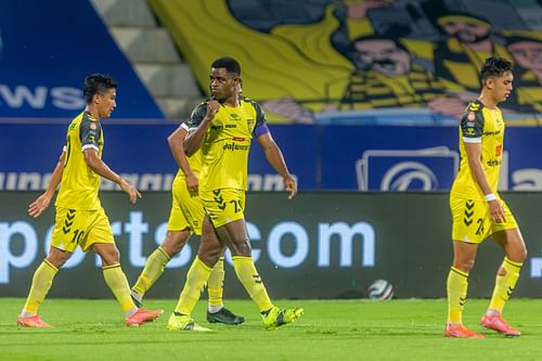 Hyderabad FC's Bart Ogbeche gestures triumphantly after scoring against Kerala Blasters FC. (Image Courtesy: ISL Media)