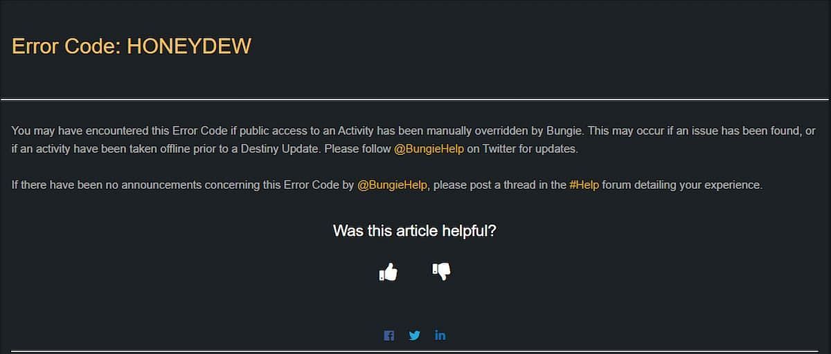 The Honeydew error code section on Bungie&#039;s website (Image via Bungie)