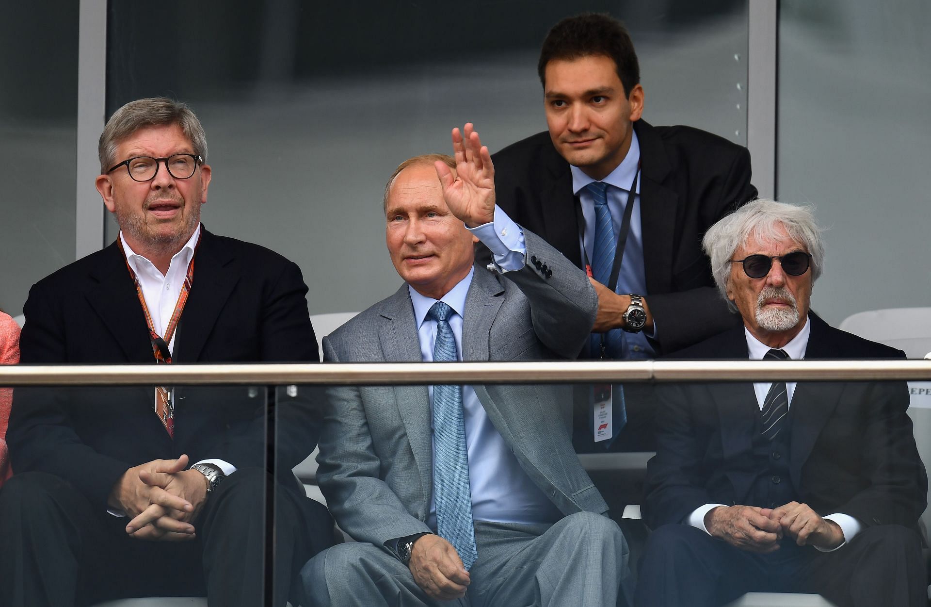 Ross Brawn (left), Russian President Vladimir Putin (center), and Bernie Ecclestone (right) during the 2018 Russian Grand Prix (Photo by Clive Mason/Getty Images)