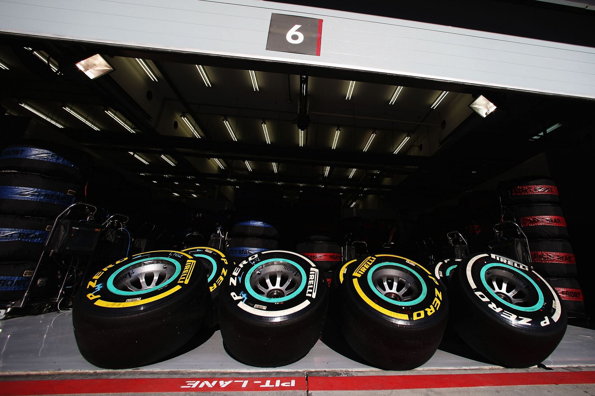 Pirelli&#039;s Hard and Medium compound tires at Mercedes F1 garage