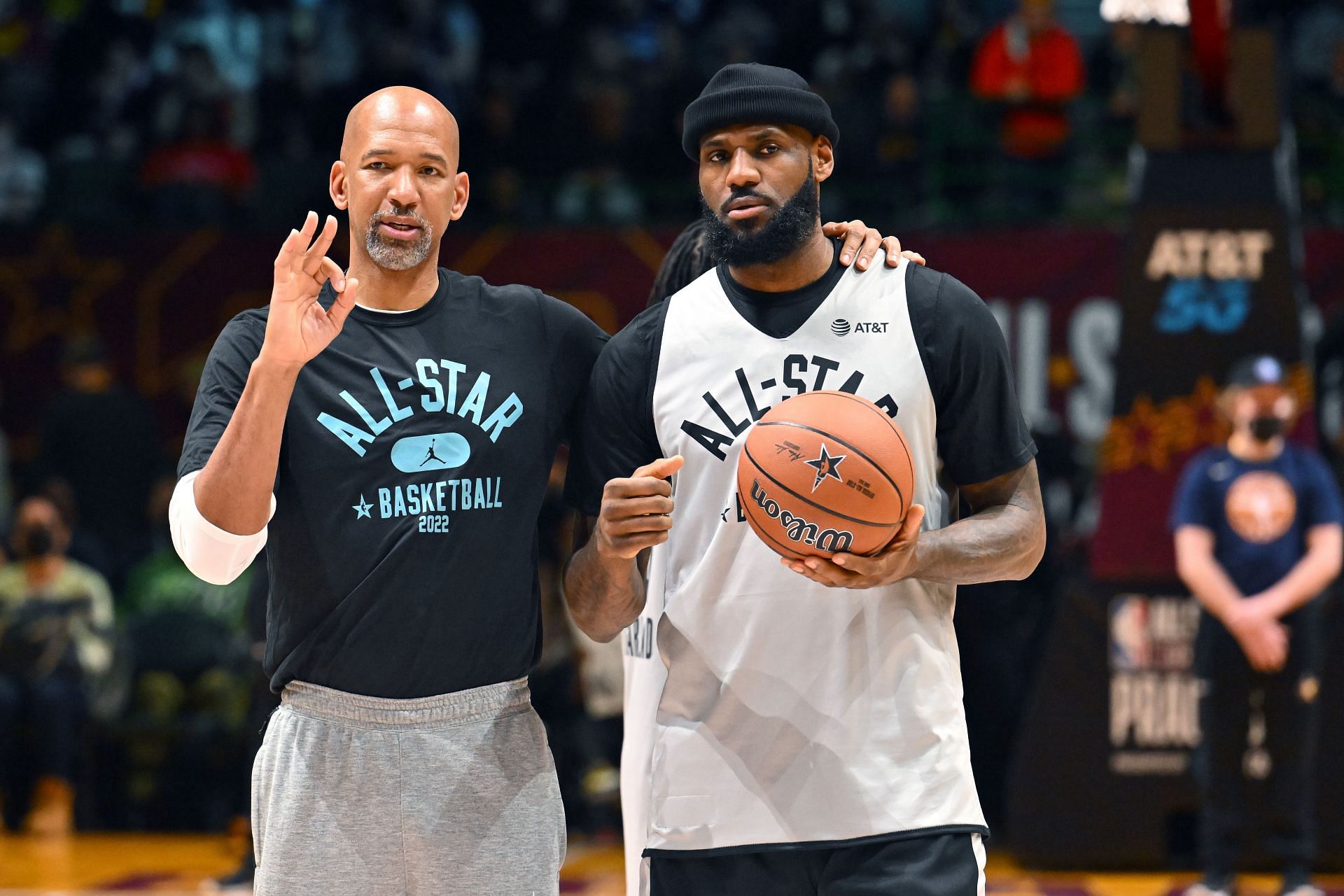 Head coach Monty Williams talks with LeBron James #6 of Team LeBron during the NBA All-Star practice