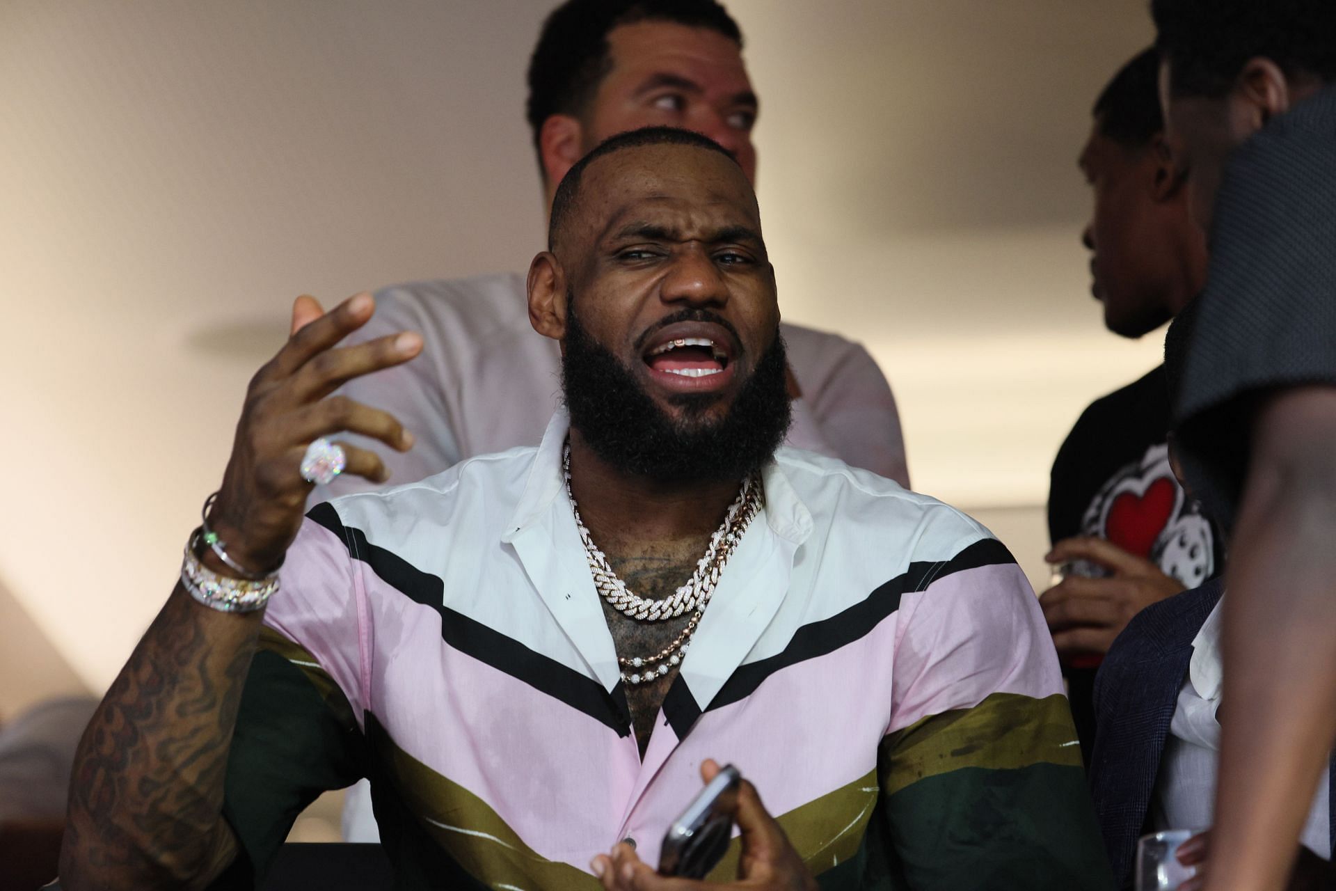  LeBron James reacts during Super Bowl LVI