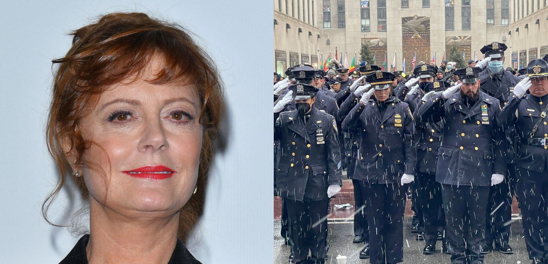 Susan Sarandon recently compared slain NYPD officer Jason Rivera&#039;s funeral to fascism (Image via George Pimentel/Getty Images and sbanypd/Twitter)