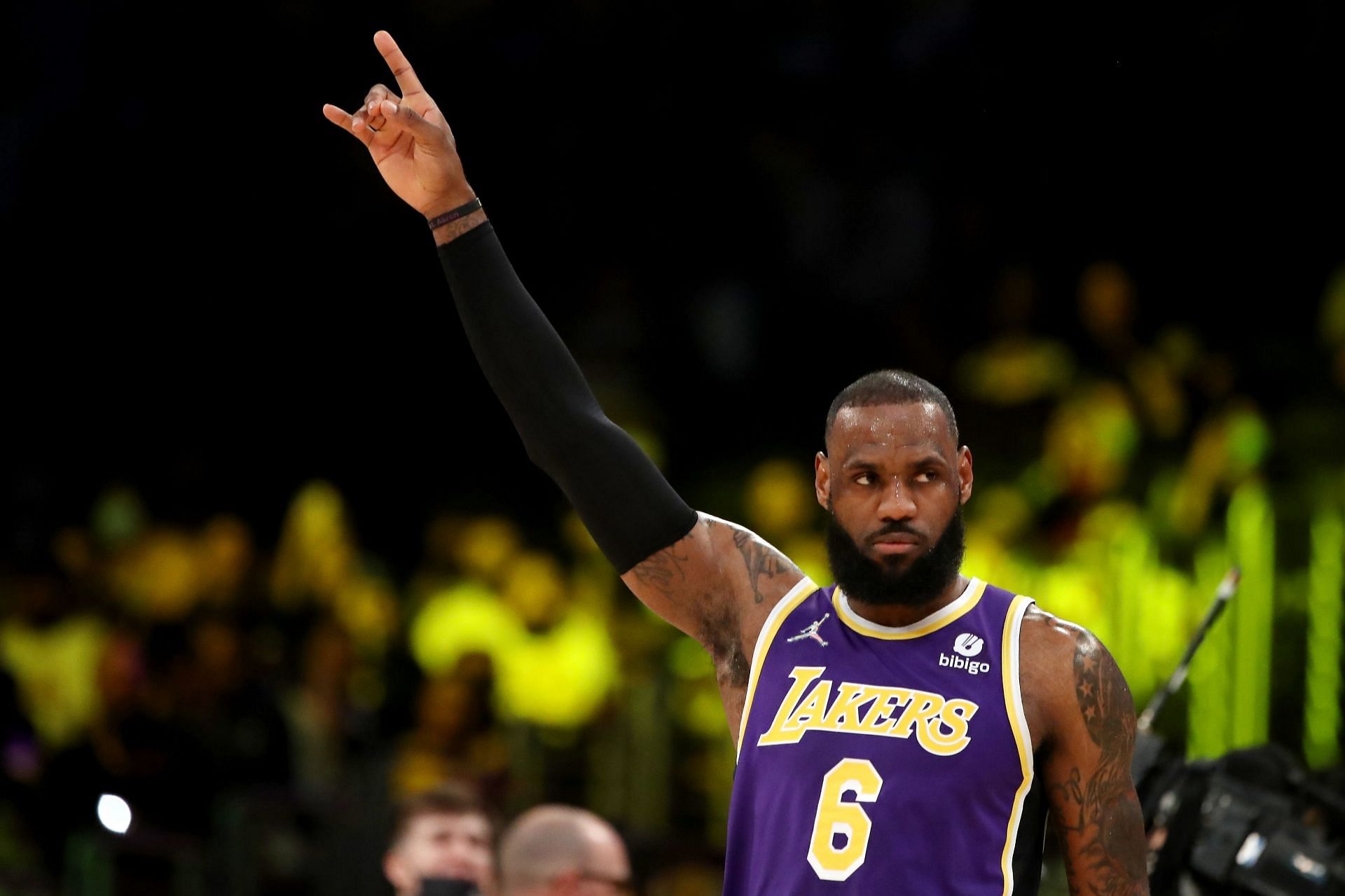 LeBron James of the LA Lakers acknowledges the crowd during a win over the Utah Jazz at Crypto.com Arena on Wednesday in Los Angeles, California.
