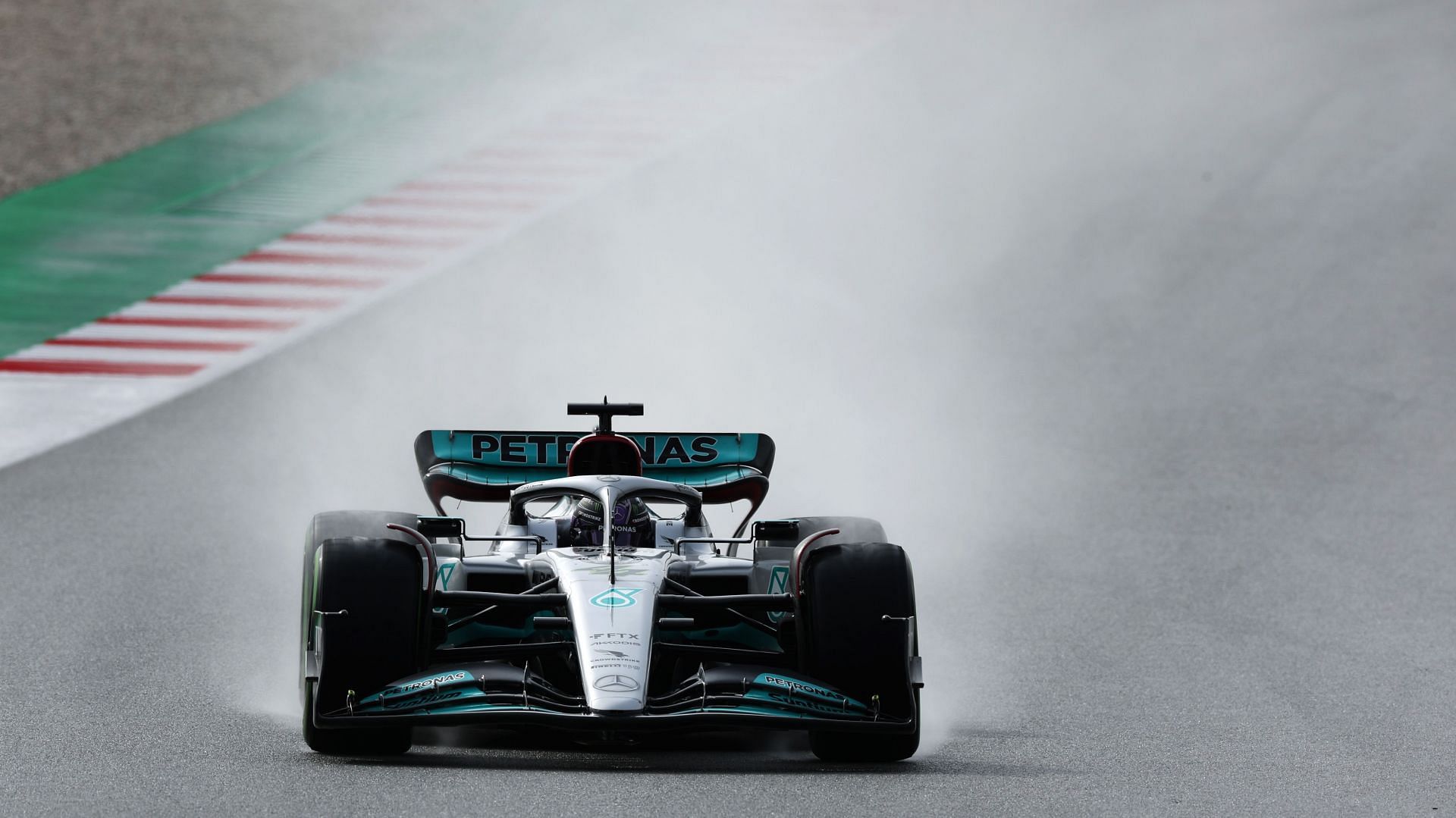 Lewis Hamilton (#44) Mercedes W13 testing Pirelli&#039;s all-new wet weather tires during the first test in Barcelona