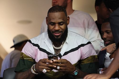 NBA player LeBron James reacts during Super Bowl LVI