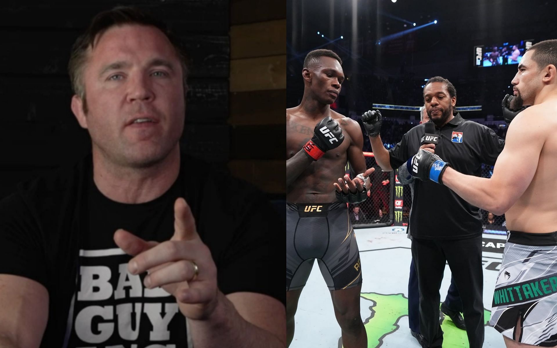 Chael Sonnen (left), Israel Adesanya and Robert Whittaker (right) [Image credits: @sonnench and @ufc]