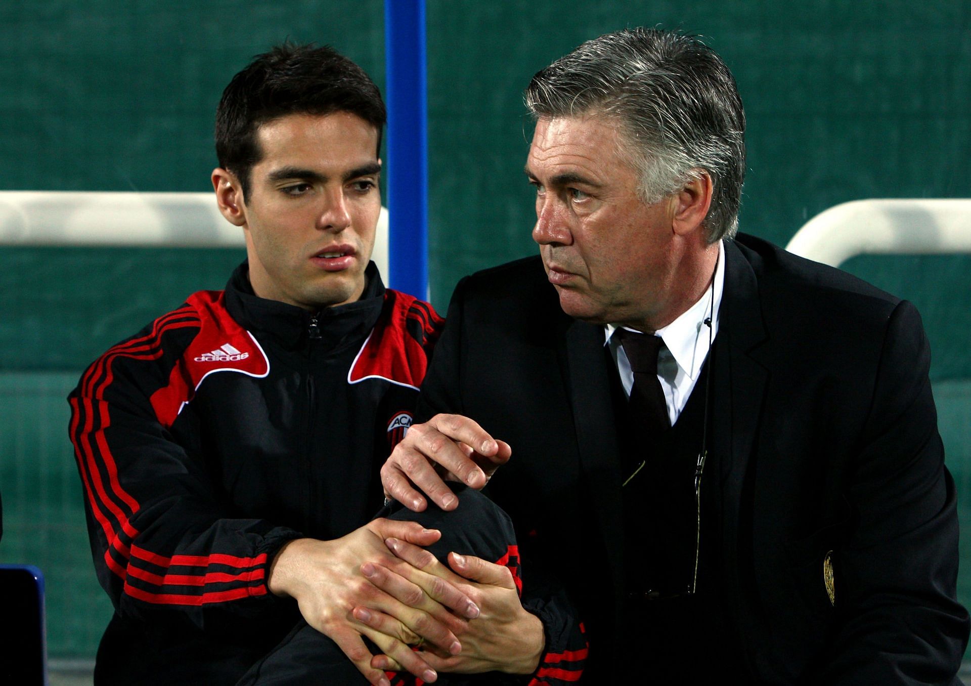 Kaka (left) scored almost 100 goals under Ancelotti (right).
