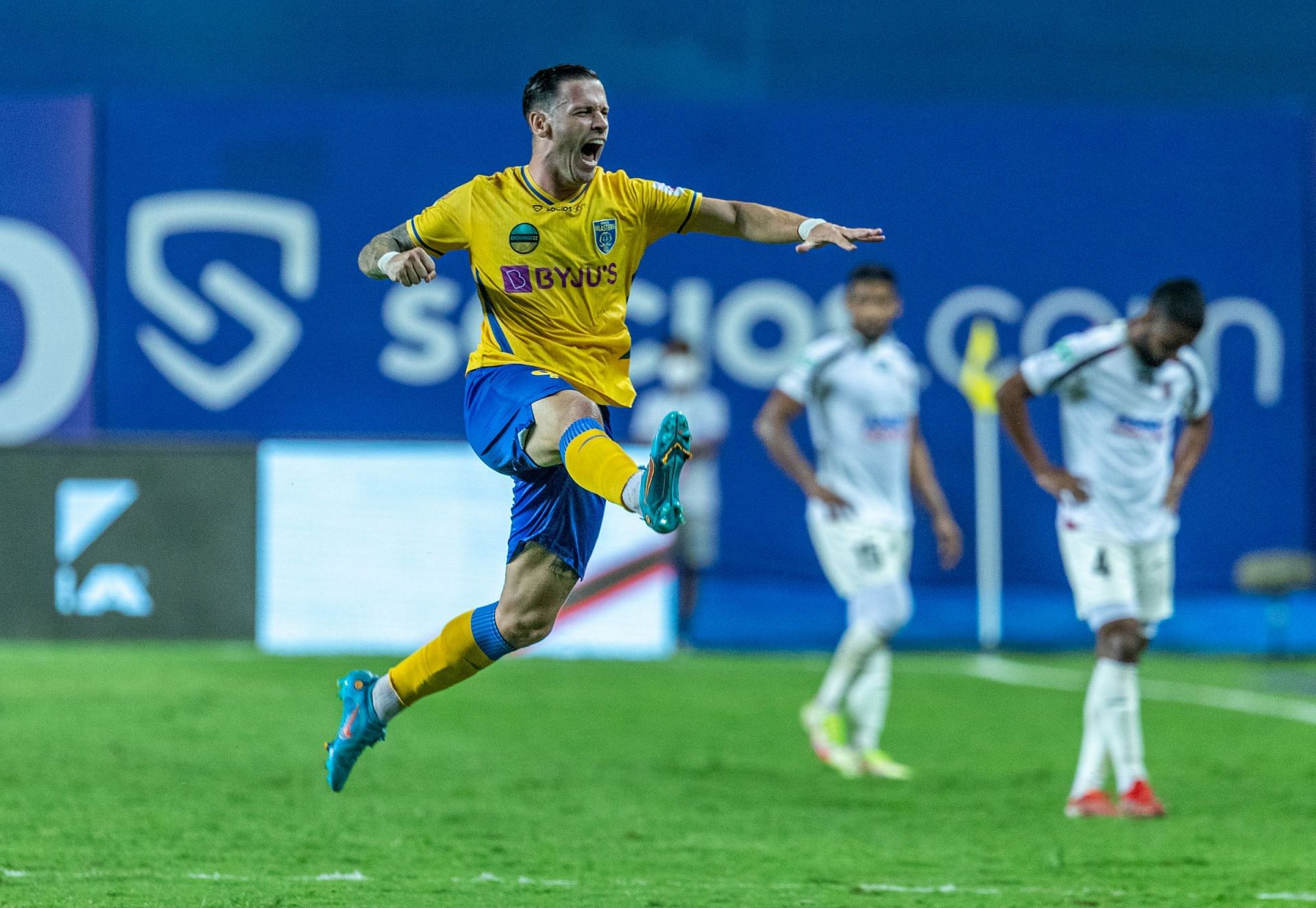 Kerala Blasters FC&#039;s Alvaro Vazquez after doubling the lead against NorthEast United FC. (Image Courtesy: ISL Media)